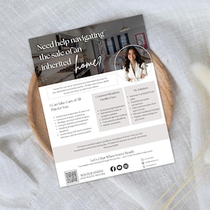 May include: A flyer with the text "Need help navigating the sale of an inherited home?" and a photo of a woman. The flyer lists services including estate home preparation and legal document handling. The flyer is on a wooden plate.