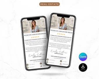 Richiesta di recensione cliente tramite SMS / Richiesta di referenze / Modello Canva / Testimonianze di clienti imprenditori / Marketing per agenti immobiliari
