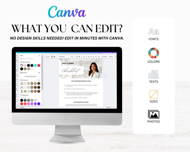 Pode incluir: Um ecr&atilde; de computador a mostrar um modelo de design Canva para uma lista de verifica&ccedil;&atilde;o pr&eacute;-encerramento. O modelo inclui uma lista de verifica&ccedil;&atilde;o com texto, uma fotografia de uma mulher e uma paleta de cores. O texto no ecr&atilde; diz "Lista de verifica&ccedil;&atilde;o pr&eacute;-encerramento".