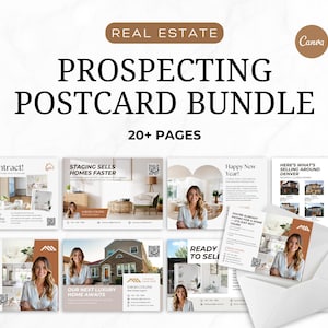Może przedstawiać: Pakiet pocztówek prospectingowych z tekstem "Real Estate" i "Prospecting Postcard Bundle". Pakiet zawiera różne projekty pocztówek ze zdjęciami domów i tekstem takim jak "Under Contract!" i "Staging Sells Homes Faster".