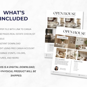 May include: Two white flyers with the text "Open House" and interior photos. One flyer states "Offered at $725,000". The text "What's Included" is at the top left, listing a PDF file, checklist bundle, instant download, and Canva editing.