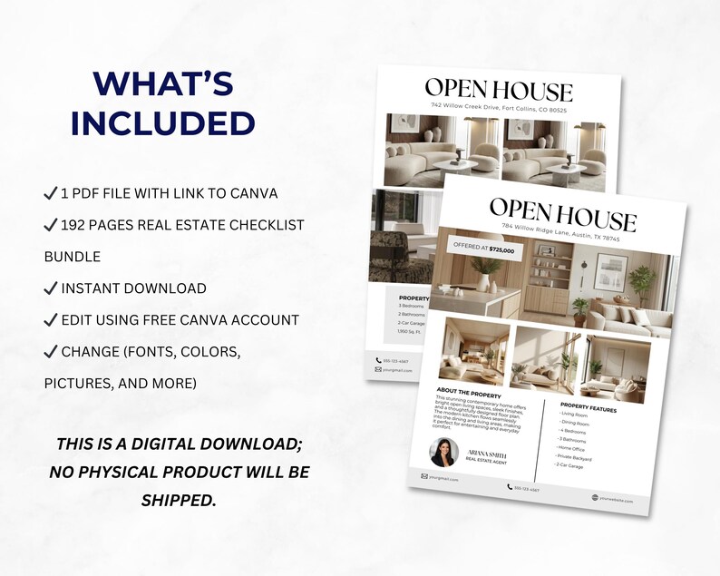 May include: Two white flyers with the text "Open House" and interior photos. One flyer states "Offered at $725,000". The text "What's Included" is at the top left, listing a PDF file, checklist bundle, instant download, and Canva editing.