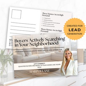 Pode incluir: Materiais de marketing imobiliário com um postal e um folheto. O postal tem uma área em branco para um endereço e marcadores sobre casas. O folheto tem o texto "Compradores procurando ativamente em sua vizinhança" e uma foto de uma mulher.