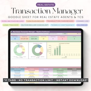 May include: A digital real estate transaction manager Google Sheet displayed on a tablet screen. The interface features a pipeline dashboard with key metrics, donut charts, a bar graph, and a pipeline board with categorized deal stages and data.