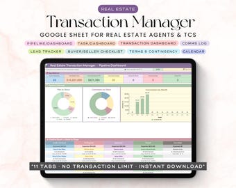 Real Estate Transaction Manager Google Sheets | Pipeline Dashboard Contingencies Tasks Calendar | Realtor Spreadsheet for Agents and TCs