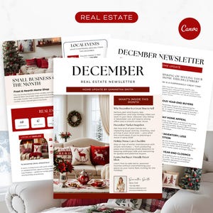 Può includere: Una raccolta di newsletter immobiliari con uno schema di colori rosso e bianco. Le newsletter presentano il testo "December Newsletter" e "Real Estate" con informazioni su eventi locali e aggiornamenti sulla casa. Il logo Canva è visibile.