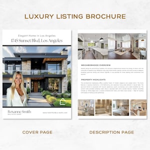 May include: A luxury listing brochure with a cover page featuring a modern home and a description page with interior photos. The cover page includes the text "LUXURY LISTING BROCHURE" and "Elegant Home in Los Angeles".