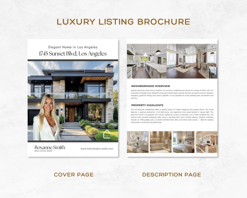 May include: A luxury listing brochure with a cover page featuring a modern home and a description page with interior photos. The cover page includes the text "LUXURY LISTING BROCHURE" and "Elegant Home in Los Angeles".