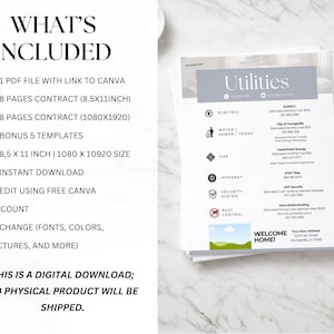 May include: A stack of white paper documents with the word "Utilities" at the top. The documents include information on electric, water, gas, internet, security, and pest control services. The text "Welcome Home!" is also visible.