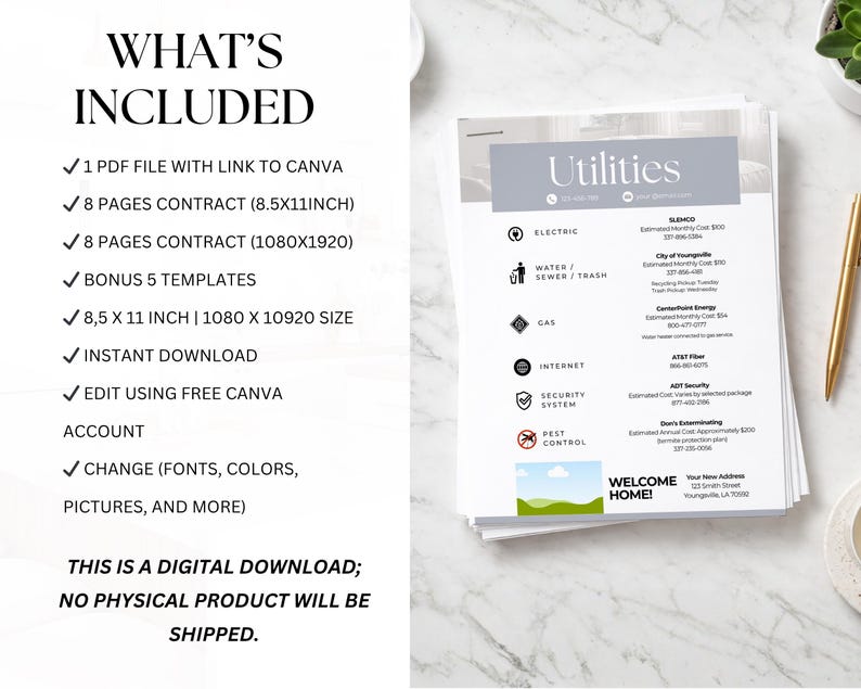 May include: A stack of white paper documents with the word "Utilities" at the top. The documents include information on electric, water, gas, internet, security, and pest control services. The text "Welcome Home!" is also visible.