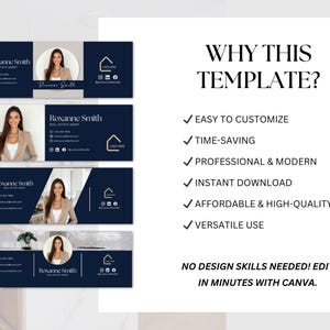 Pu&ograve; includere: Un design di modello per agente immobiliare blu navy con il nome "Roxanne Smith" e le informazioni di contatto. Il design include un ritratto di una donna in blazer. Il testo a destra recita "WHY THIS TEMPLATE?" ed elenca i suoi vantaggi.
