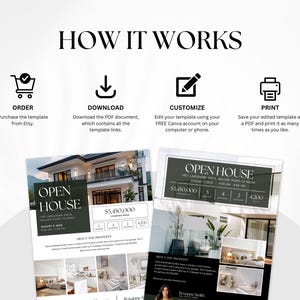 Puede incluir: Una plantilla de folleto de jornada de puertas abiertas inmobiliarias imprimible en blanco y negro. El folleto presenta una foto de una casa moderna con un c&eacute;sped verde y una valla blanca de madera. El texto del folleto incluye la direcci&oacute;n, la fecha, la hora y el precio de la casa. El folleto tambi&eacute;n incluye una secci&oacute;n sobre la propiedad.