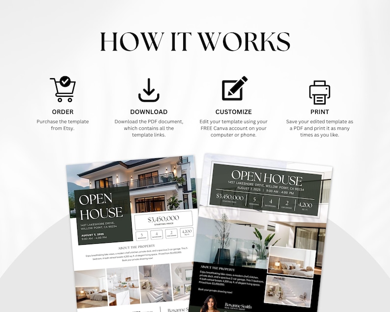 Puede incluir: Una plantilla de folleto de jornada de puertas abiertas inmobiliarias imprimible en blanco y negro. El folleto presenta una foto de una casa moderna con un c&eacute;sped verde y una valla blanca de madera. El texto del folleto incluye la direcci&oacute;n, la fecha, la hora y el precio de la casa. El folleto tambi&eacute;n incluye una secci&oacute;n sobre la propiedad.