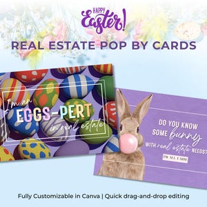 Puede incluir: Tarjetas de visita inmobiliarias con temática de Pascua. Una tarjeta presenta coloridos huevos de Pascua con el texto "I'm an EGGS-PERT in real estate." La otra tarjeta muestra un conejito con chicle y el texto "Do you know some bunny with real estate needs?"
