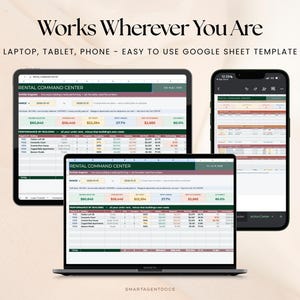 May include: A laptop, tablet, and smartphone displaying a Rental Command Center Google Sheet template. The screens show financial data, property performance tables, and income summaries. Text reads: Works Wherever You Are, LAPTOP, TABLET, PHONE.