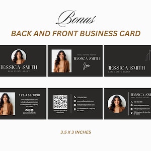 Pode incluir: Modelo de cart&atilde;o de visita preto e branco com uma est&eacute;tica minimalista. O cart&atilde;o apresenta um design geom&eacute;trico simples, uma fotografia de uma mulher e o texto "JESSICA SMITH, AGENTE IMOBILI&Aacute;RIO". O cart&atilde;o mede 8,9 cm x 8,9 cm.
