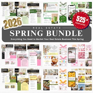 Pakiet marketingowy dla branży nieruchomości na wiosnę, ponad 525 szablonów Canva, posty i historie na Instagramie, biuletyny, pocztówki, tagi Pop By, zestaw marketingowy dla pośredników w obrocie nieruchomościami