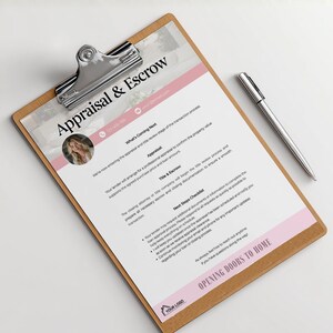 May include: A wooden clipboard with a silver clip holds a document with the text "Appraisal & Escrow." The document has pink accents and a photo of a woman. A silver pen rests on the white surface next to the clipboard.