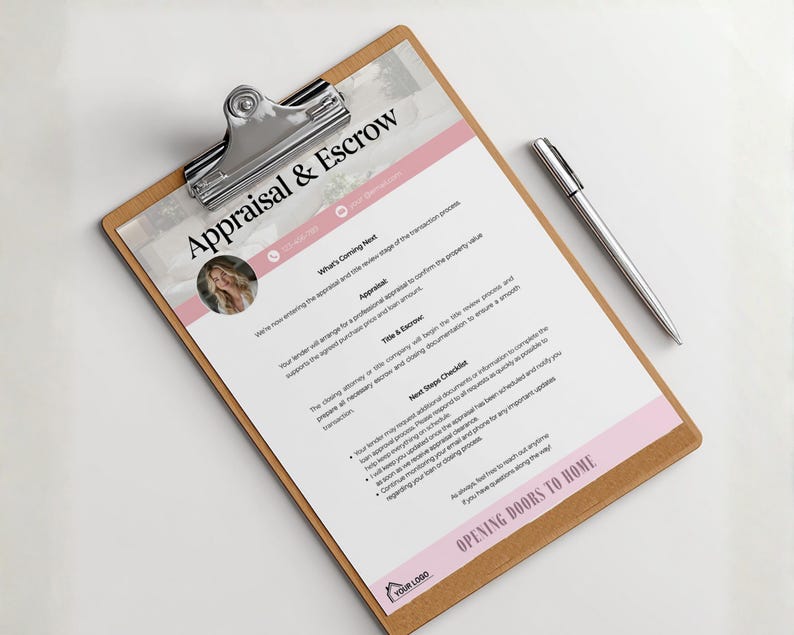 May include: A wooden clipboard with a silver clip holds a document with the text "Appraisal & Escrow." The document has pink accents and a photo of a woman. A silver pen rests on the white surface next to the clipboard.