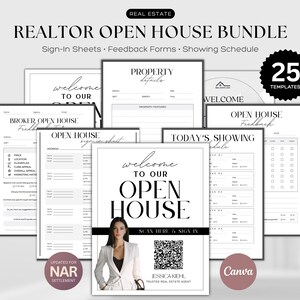 May include: A collection of open house templates for realtors. The bundle includes sign-in sheets, feedback forms, and a showing schedule. The design is minimalist with black text on a white background. The image includes the text "REALTOR OPEN HOUSE BUNDLE" and "25 TEMPLATES".