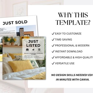 May include: A white background features two flyers: "JUST SOLD" and "JUST LISTED." The "JUST LISTED" flyer shows a bedroom with yellow pillows. Text on the right says "WHY THIS TEMPLATE?" and lists features like "EASY TO CUSTOMIZE" and "INSTANT DOWNLOAD."