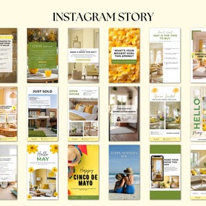May include: A collection of Instagram story templates with real estate themes. The templates feature text such as "Instagram Story", "Just Sold", "Open House", and "Happy Mother's Day". The color palette includes yellow, green, and white.