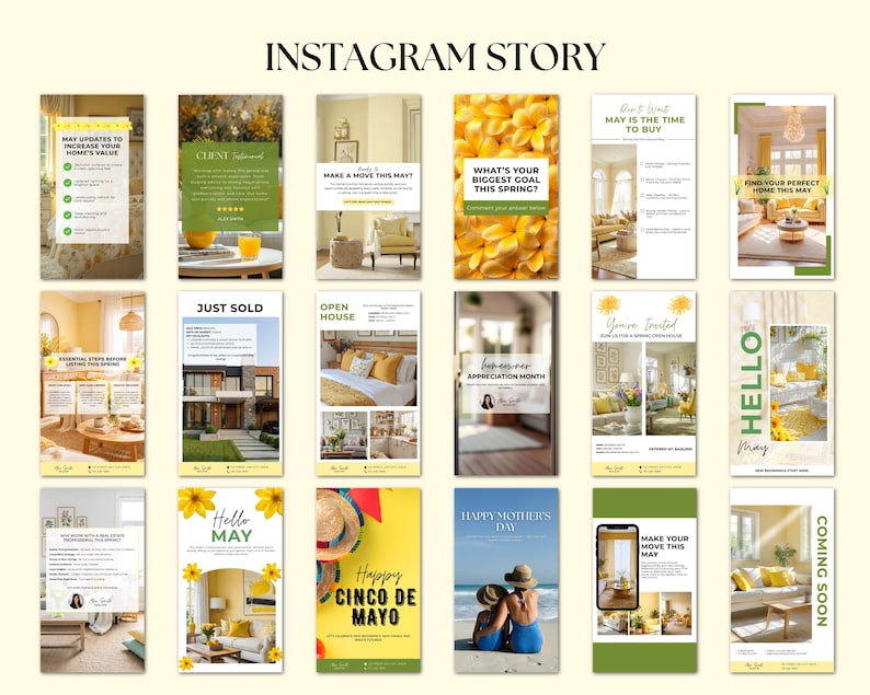 May include: A collection of Instagram story templates with real estate themes. The templates feature text such as "Instagram Story", "Just Sold", "Open House", and "Happy Mother's Day". The color palette includes yellow, green, and white.