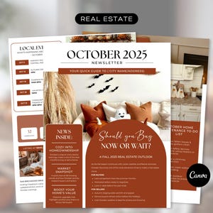 Può includere: Una pila di newsletter immobiliari con il titolo "October 2025 Newsletter". Le newsletter hanno un tema autunnale con colori arancioni e marroni. Il testo include "Should you Buy Now or Wait?" e "Cozy into Homeownership."