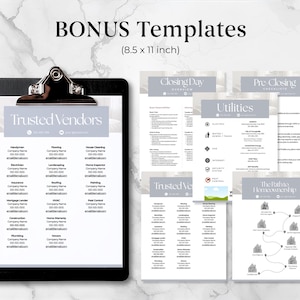 May include: A black clipboard holds a white sheet with the text "Trusted Vendors" and a list of service providers. Additional templates for closing day, pre-closing, and utilities are also displayed. The paper size is 8.5 x 11 inches.