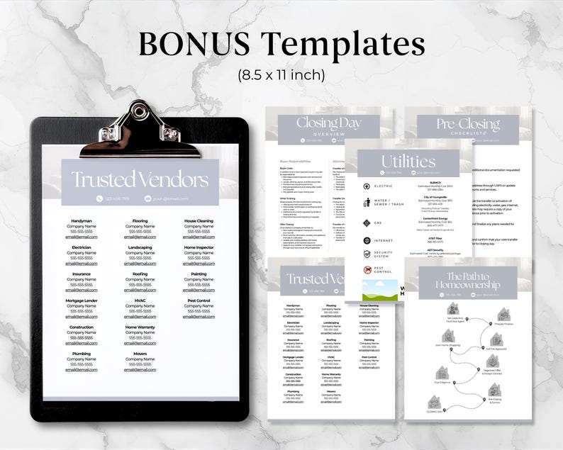 May include: A black clipboard holds a white sheet with the text "Trusted Vendors" and a list of service providers. Additional templates for closing day, pre-closing, and utilities are also displayed. The paper size is 8.5 x 11 inches.