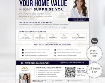 Home Value Marketing-flyer, canvassjablonen, bewerkbare vastgoedflyer, CMA-flyersjabloon, makelaarsflyersjabloon Vastgoedmarketing