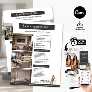 May include: A stack of white home feature sheets with interior photos, property details, and the text "HOME FEATURE SHEET". A phone displays a real estate marketing design. The image includes the Canva logo and a gift icon.