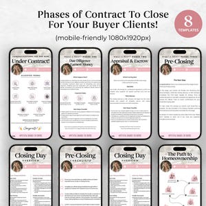 May include: A graphic showing eight mobile phone screens with real estate closing process information. The screens display titles like "Under Contract!" and "Closing Day Overview." The text includes phases, checklists, and the path to homeownership. The color scheme is pink and white.