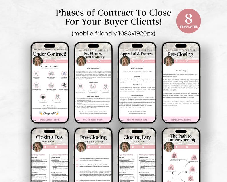 May include: A graphic showing eight mobile phone screens with real estate closing process information. The screens display titles like "Under Contract!" and "Closing Day Overview." The text includes phases, checklists, and the path to homeownership. The color scheme is pink and white.