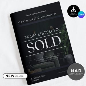 May include: A black and white brochure with the text "FROM LISTED TO SOLD" and "1745 Sunset Blvd, Los Angeles". The brochure also includes the text "NEW UPDATED" and "INSTANT DOWNLOAD Canva". The brochure is for real estate.