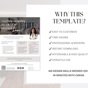 May include: A flyer with the text "Need help navigating the sale of an inherited home?" and "Why this template?" is displayed. The flyer includes a photo of a woman and bullet points highlighting features like easy customization and instant download.