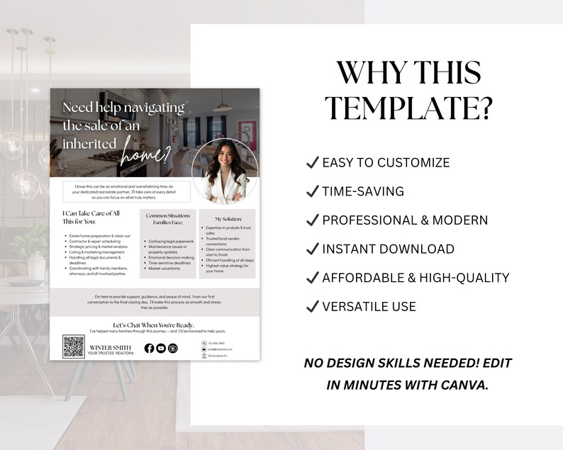 May include: A flyer with the text "Need help navigating the sale of an inherited home?" and "Why this template?" is displayed. The flyer includes a photo of a woman and bullet points highlighting features like easy customization and instant download.
