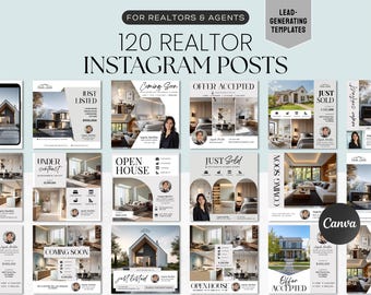 Modelli Instagram per agenti immobiliari, 120 post Canva per annunci, open house e aggiornamenti sulle vendite.