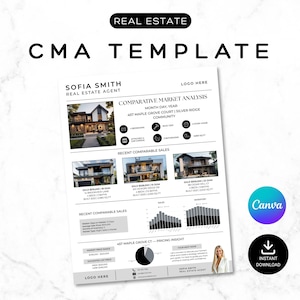 May include: A black and white real estate CMA template with the text "REAL ESTATE" and "CMA TEMPLATE". The template includes sections for comparative market analysis, recent comparable sales, and pricing insights. The Canva and instant download logos are also visible.
