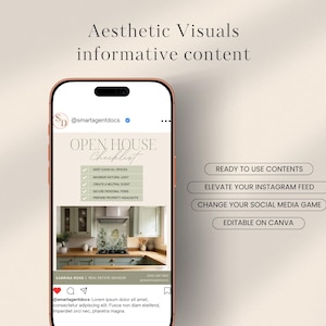 May include: A smartphone displays an Instagram post with an "Open House Checklist" graphic. The checklist includes items like cleaning spaces and securing personal items. Text on the screen reads "Aesthetic Visuals informative content."