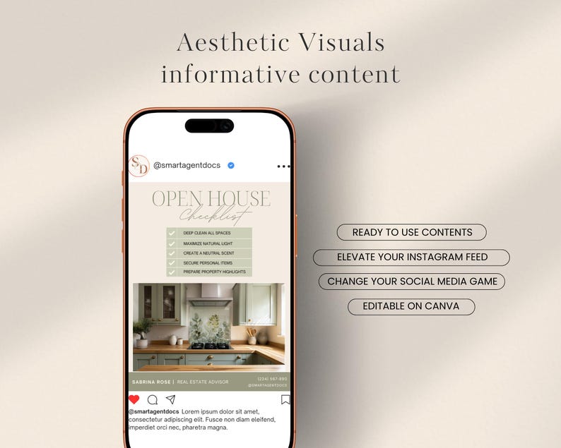 May include: A smartphone displays an Instagram post with an "Open House Checklist" graphic. The checklist includes items like cleaning spaces and securing personal items. Text on the screen reads "Aesthetic Visuals informative content."