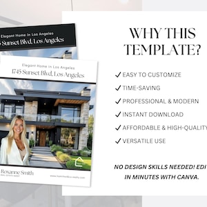 May include: Real estate marketing template featuring a modern home with a woman in a blazer. Text includes "Elegant Home in Los Angeles" and "1745 Sunset Blvd, Los Angeles." Additional text highlights template features: easy to customize, time-saving, professional, instant download.