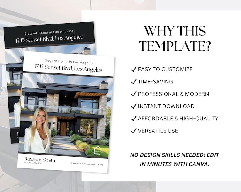 May include: Real estate marketing template featuring a modern home with a woman in a blazer. Text includes "Elegant Home in Los Angeles" and "1745 Sunset Blvd, Los Angeles." Additional text highlights template features: easy to customize, time-saving, professional, instant download.