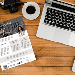May include: A top-down view of a wooden desk with a laptop, coffee cup, and a flyer. The flyer has the text "Need help navigating the sale of an inherited home?" and a photo of a woman. A camera and a computer mouse are also on the desk.