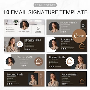 Puede incluir: Diez plantillas de firma de correo electrónico para agentes inmobiliarios. Cada plantilla presenta una foto de una mujer, un icono de casa y el texto "Roxanne Smith, Agente inmobiliario".