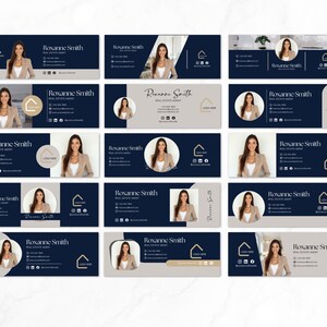 Pu&ograve; includere: Una collezione di modelli di firma e-mail per agenti immobiliari. Ogni design presenta un ritratto di una donna, il nome "Roxanne Smith" e le informazioni di contatto. I design utilizzano schemi di colori blu navy, beige e bianco, con un'icona a forma di casa.