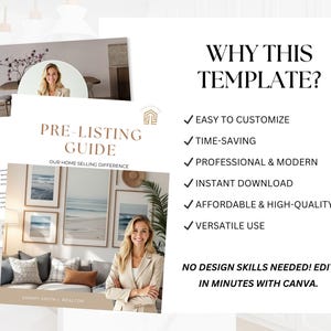 May include: A Pre-Listing Guide template with the text "PRE-LISTING GUIDE" and "OUR HOME SELLING DIFFERENCE". The image also includes the text "WHY THIS TEMPLATE?" and lists features like "EASY TO CUSTOMIZE" and "INSTANT DOWNLOAD".