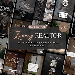 May include: A collection of smartphone screens showcasing real estate marketing templates. The central banner reads "Luxury Realtor" with the text "Instant Download | Fully Editable | Ready to Post". Other screens display phrases like "House Hunting", "Just Listed", and "Q&A".