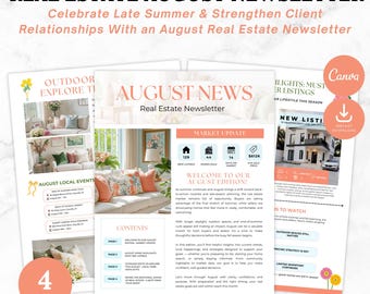 Modello di newsletter immobiliare di agosto / Newsletter modificabile su Canva per agenti immobiliari / Aggiornamento per i clienti di fine estate