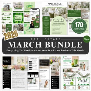 Real Estate March Marketing Bundle, 170+ Canva Templates, Instagram Posts Stories, Newsletter, Postcards, Pop By Tags, Realtor Marketing Kit